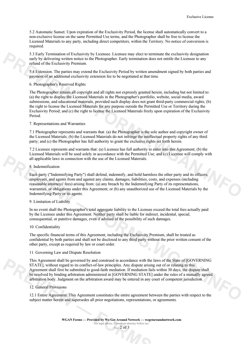 Exclusive License — page 2 preview covering 7. Representations and Warranties, 8. Indemnification, 9. Limitation of Liability
