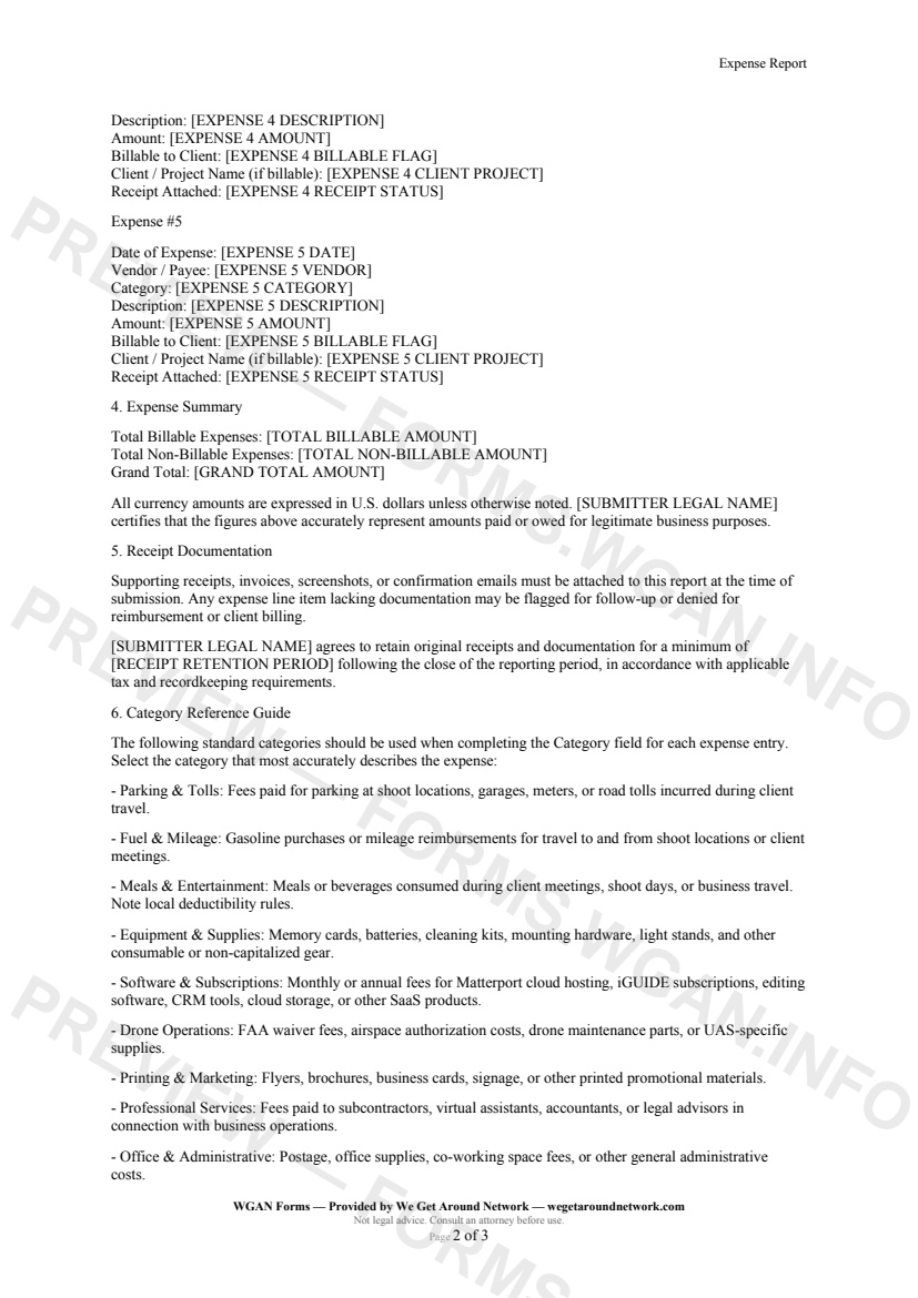 Expense Report — page 2 preview covering Receipt Documentation, Category Reference Guide, Certification and Signature