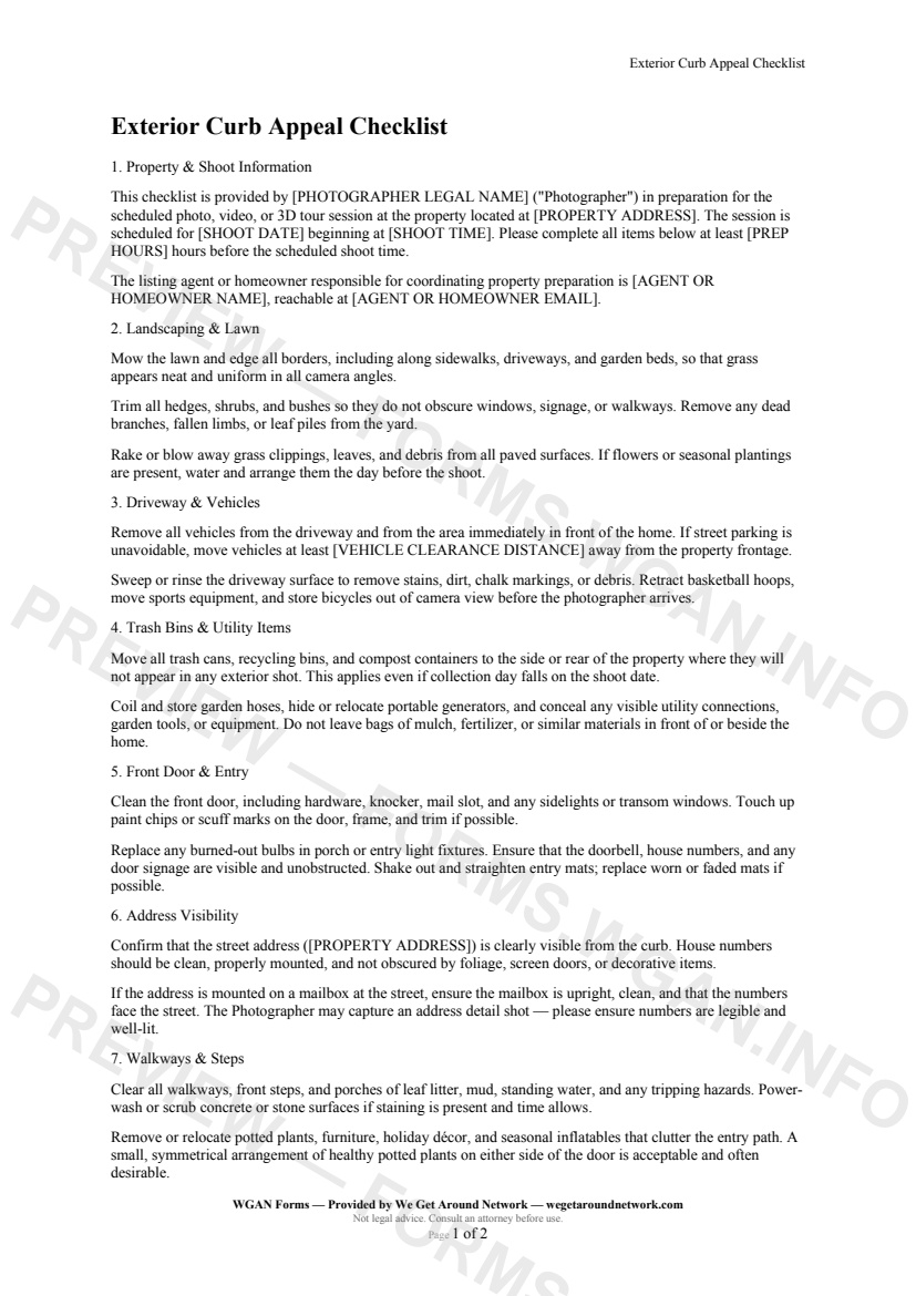 Exterior Curb Appeal Checklist — page 1 preview covering Property & Shoot Information, Landscaping & Lawn, Driveway & Vehicles