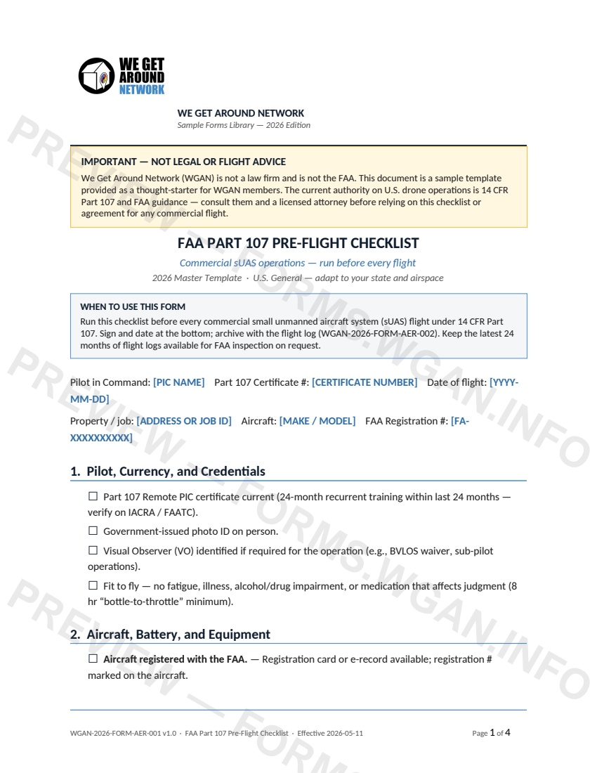 FAA Part 107 Pre-Flight Checklist — page 1 preview covering 1. Pilot, Currency, and Credentials, 2. Aircraft, Battery, and Equipment, 3. Airspace, Authorization, and NOTAMs