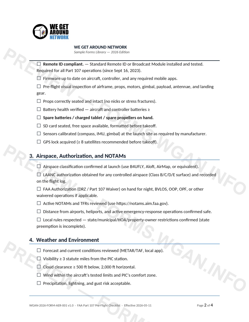FAA Part 107 Pre-Flight Checklist — page 2 preview covering 5. Site Survey, 6. Insurance and Documentation, 7. Brief and Go / No-Go