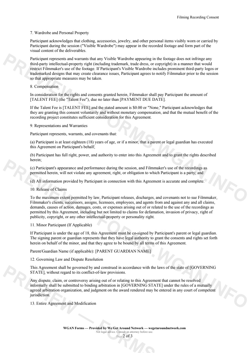 Filming Recording Consent — page 2 preview covering Compensation, Representations and Warranties, Release of Claims