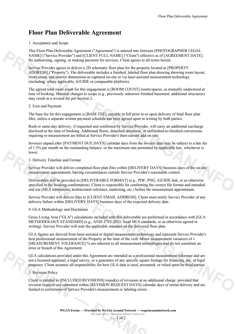 Floor Plan Deliverable Agreement — page 1 preview covering Acceptance and Scope, Fees and Payment, Delivery Timeline and Format