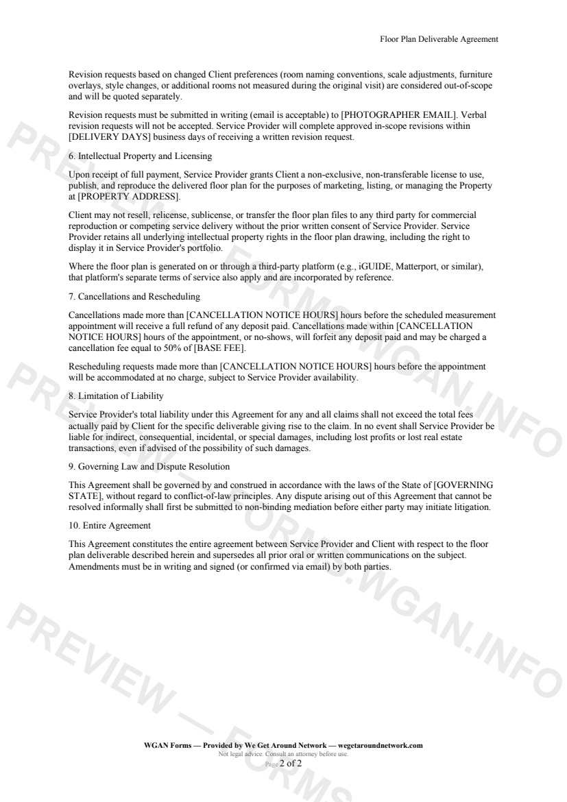 Floor Plan Deliverable Agreement — page 2 preview covering Intellectual Property and Licensing, Cancellations and Rescheduling, Limitation of Liability