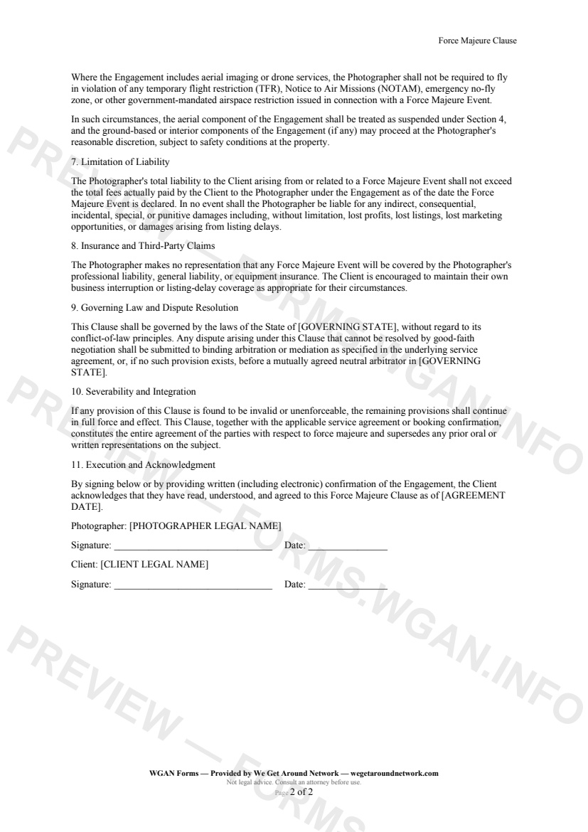 Force Majeure Clause — page 2 preview covering Limitation of Liability, Insurance and Third-Party Claims, Governing Law and Dispute Resolution