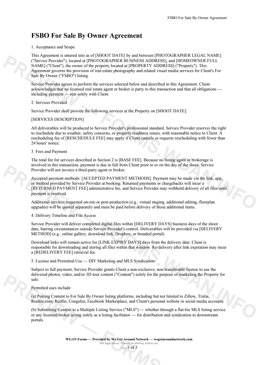 FSBO For Sale By Owner Agreement — page 1 preview covering Acceptance and Scope, Services Provided, Fees and Payment