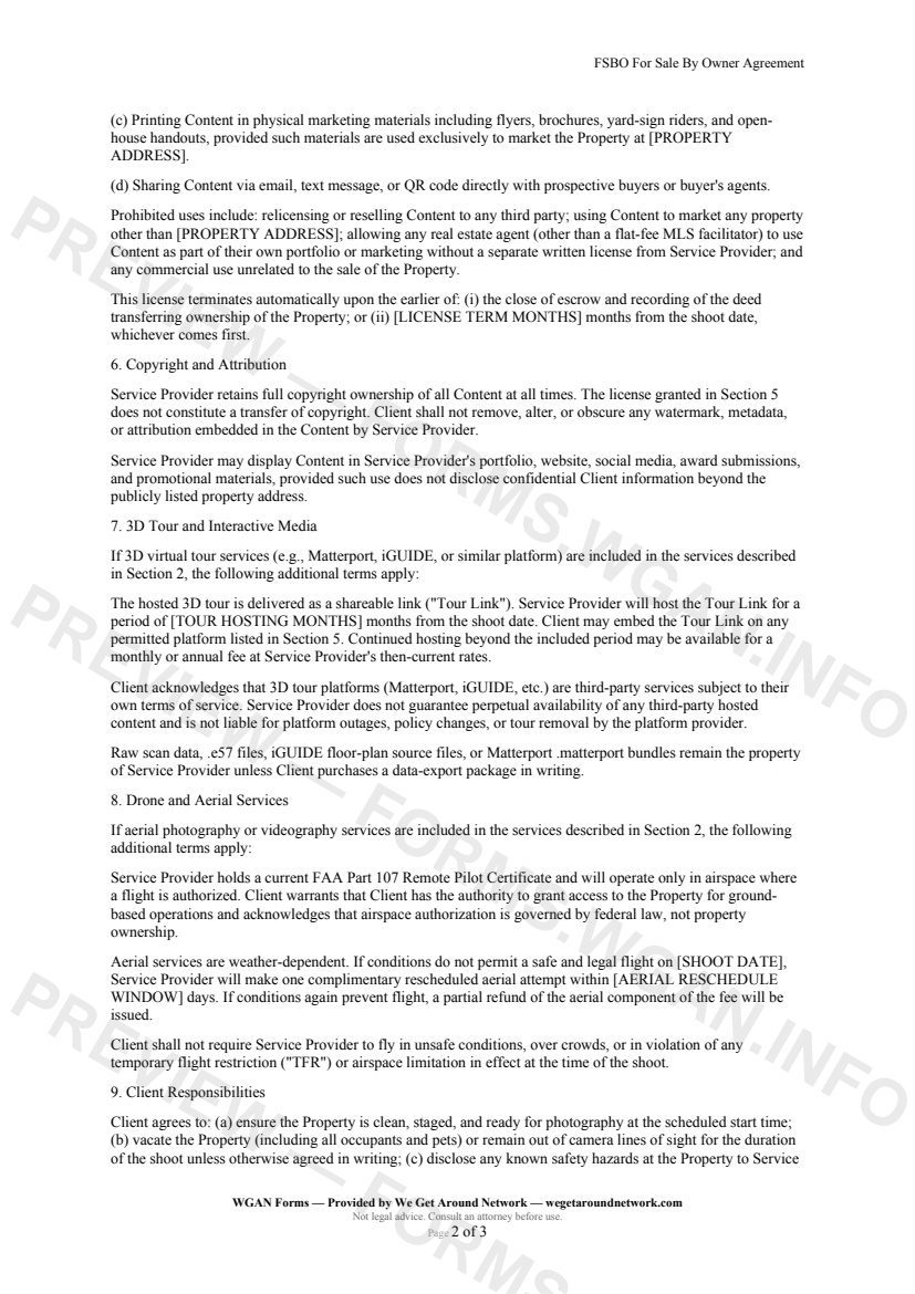 FSBO For Sale By Owner Agreement — page 2 preview covering 3D Tour and Interactive Media, Drone and Aerial Services, Client Responsibilities
