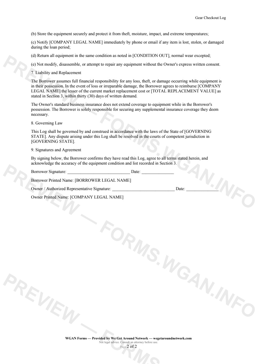 Gear Checkout Log — page 2 preview covering Borrower Responsibilities, Liability and Replacement, Governing Law