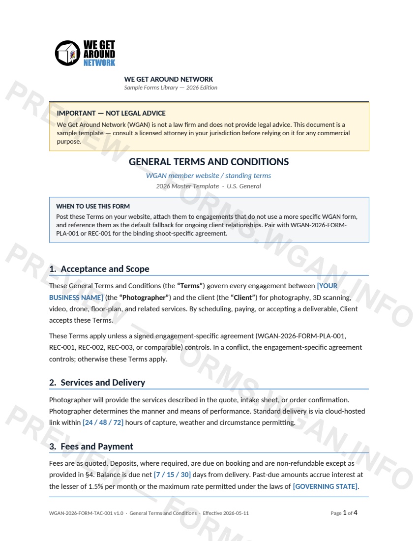 General Terms and Conditions — page 1 preview covering 1. Acceptance and Scope, 2. Services and Delivery, 3. Fees and Payment