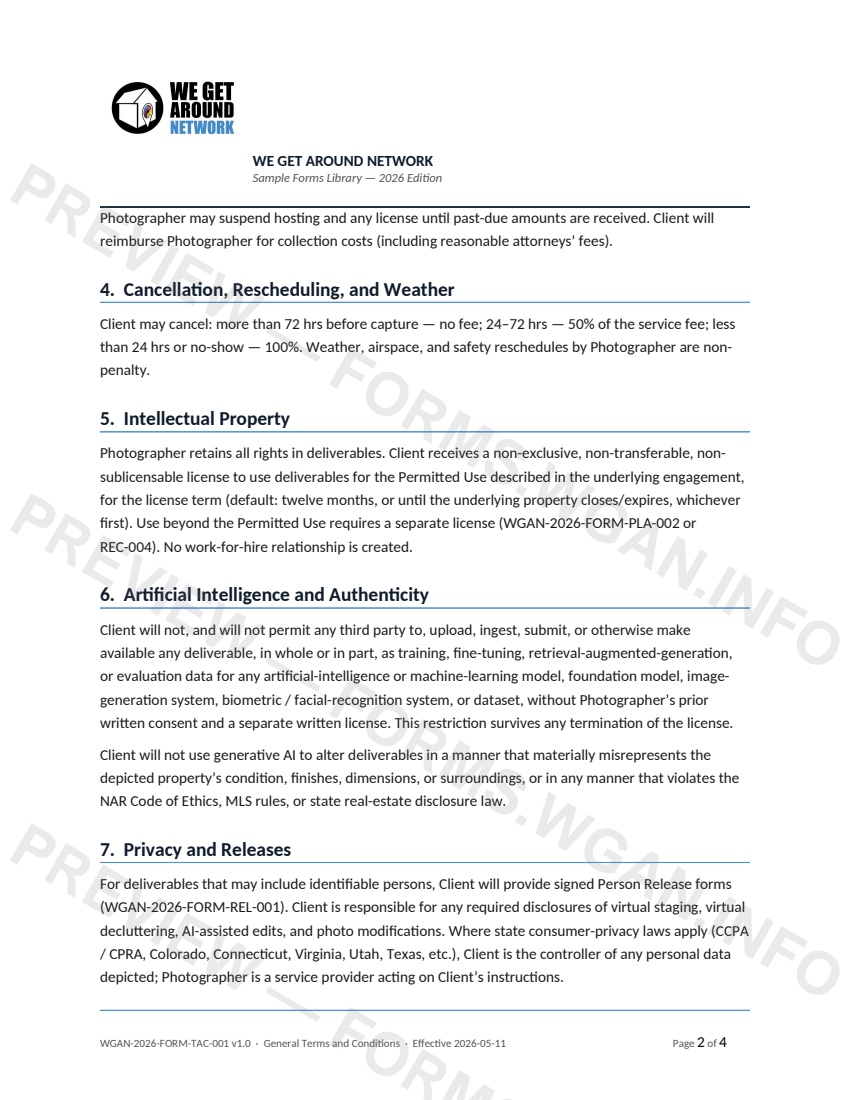 General Terms and Conditions — page 2 preview covering 7. Privacy and Releases, 8. Confidentiality, 9. Warranty Disclaimer