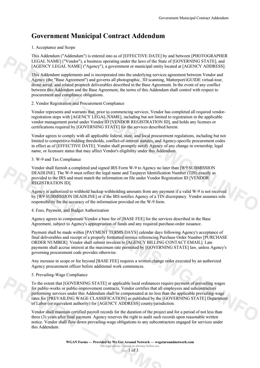 Government Municipal Contract Addendum — page 1 preview covering Acceptance and Scope, Vendor Registration and Procurement Compliance, W-9 and Tax Compliance