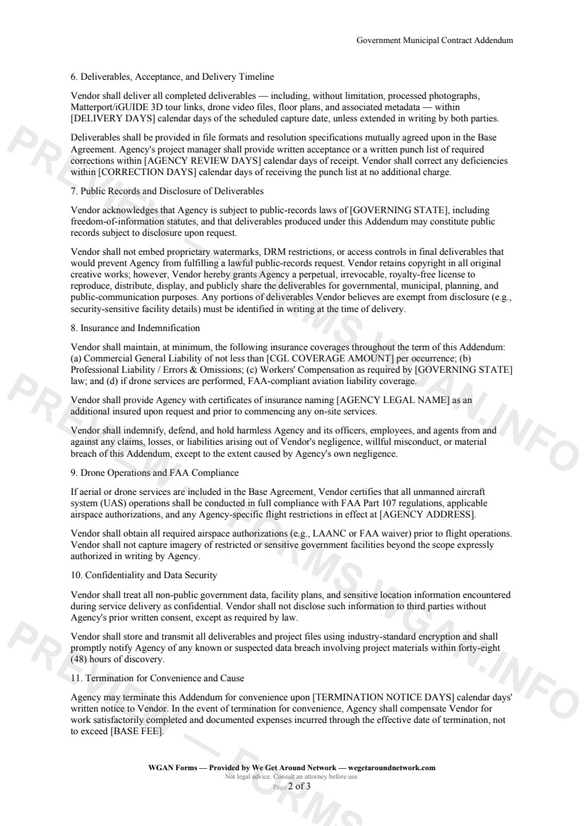 Government Municipal Contract Addendum — page 2 preview covering Insurance and Indemnification, Drone Operations and FAA Compliance, Confidentiality and Data Security