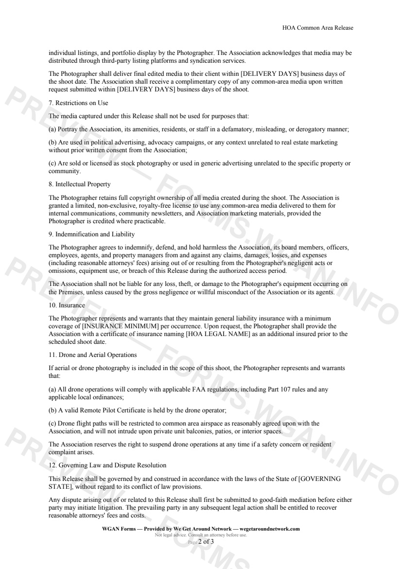 HOA Common Area Release — page 2 preview covering Intellectual Property, Indemnification and Liability, Insurance