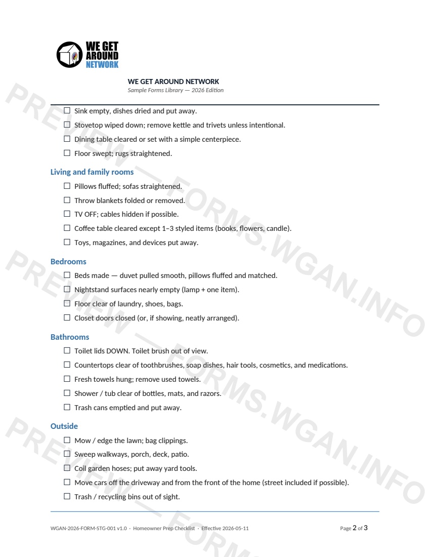 Homeowner Prep Checklist — page 2 preview covering Bedrooms, Bathrooms, Outside