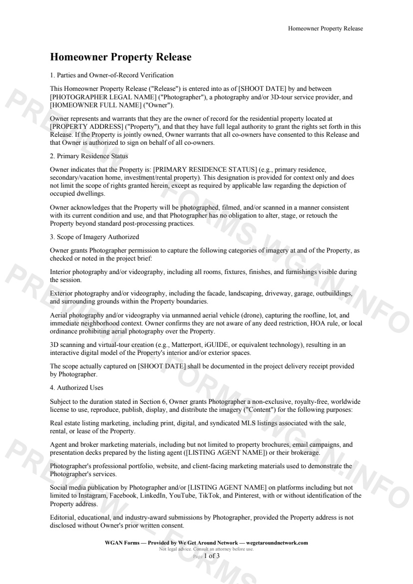 Homeowner Property Release — page 1 preview covering 1. Parties and Owner-of-Record Verification, 2. Primary Residence Status, 3. Scope of Imagery Authorized