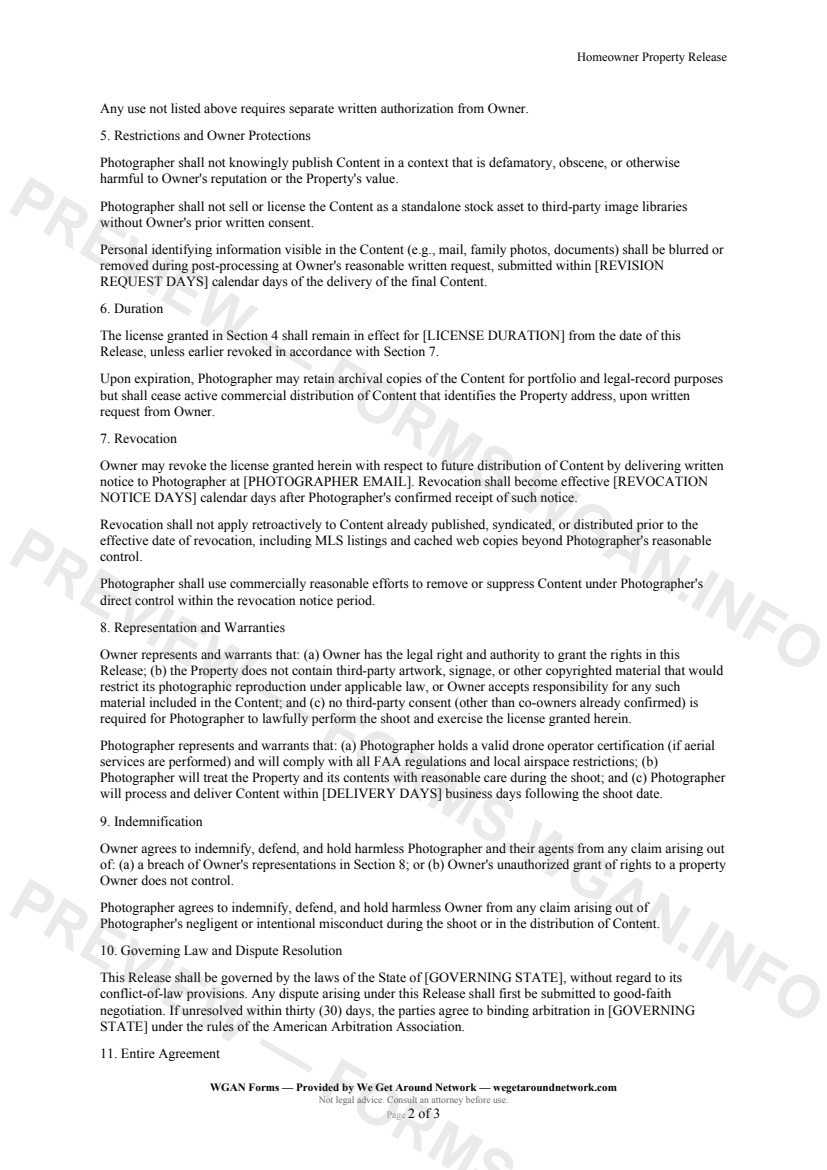 Homeowner Property Release — page 2 preview covering 7. Revocation, 8. Representation and Warranties, 9. Indemnification