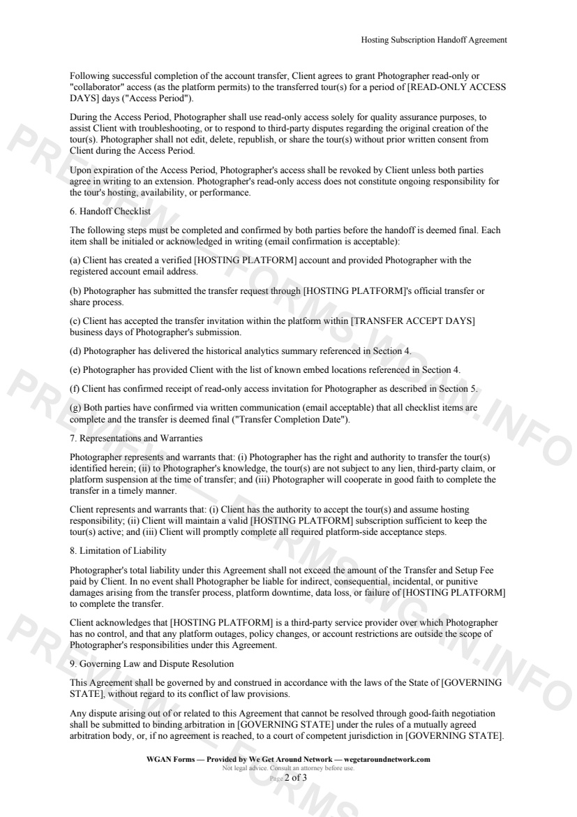 Hosting Subscription Handoff Agreement — page 2 preview covering 7. Representations and Warranties, 8. Limitation of Liability, 9. Governing Law and Dispute Resolution