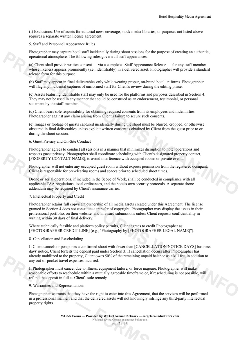 Hotel Hospitality Media Agreement — page 2 preview covering Cancellation and Rescheduling, Warranties and Representations, Limitation of Liability