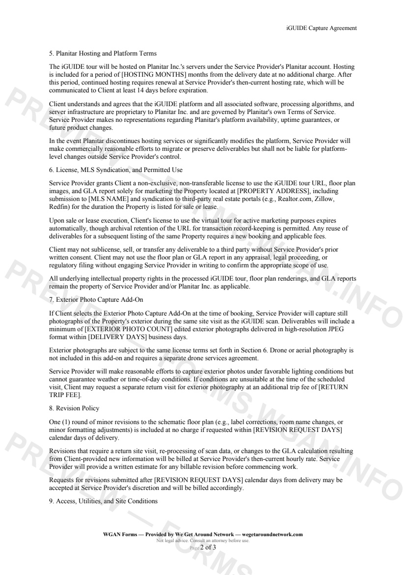 iGUIDE Capture Agreement — page 2 preview covering Revision Policy, Access, Utilities, and Site Conditions, Cancellation Policy