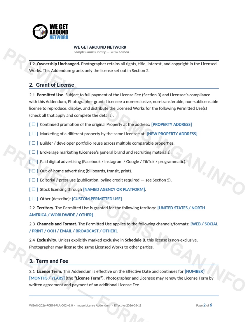 Image License Addendum — page 2 preview covering 7. Indemnification and Liability, 8. Termination, 9. General Provisions