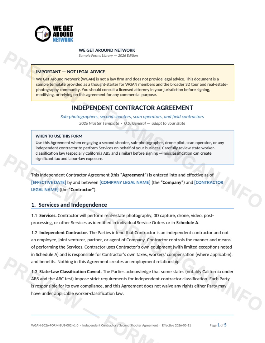 Independent Contractor Agreement — page 1 preview covering 1. Services and Independence, 2. Fees and 1099 Reporting, 3. Intellectual Property and Work Product