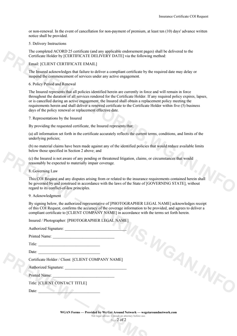 Insurance Certificate COI Request — page 2 preview covering Policy Period and Renewal, Representations by the Insured, Governing Law