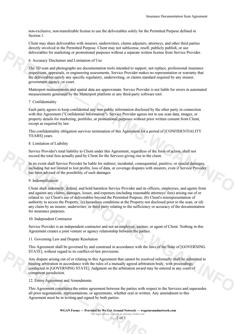 Insurance Documentation Scan Agreement — page 2 preview covering Confidentiality, Limitation of Liability, Indemnification