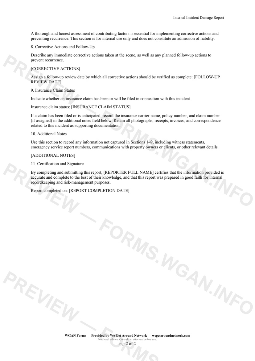 Internal Incident Damage Report — page 2 preview covering Contributing Factors, Corrective Actions and Follow-Up, Insurance Claim Status