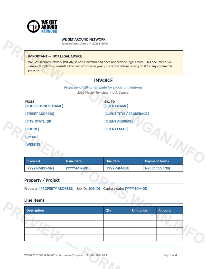 Invoice Template — page 1 preview covering Property / Project, Line Items, Payment Methods