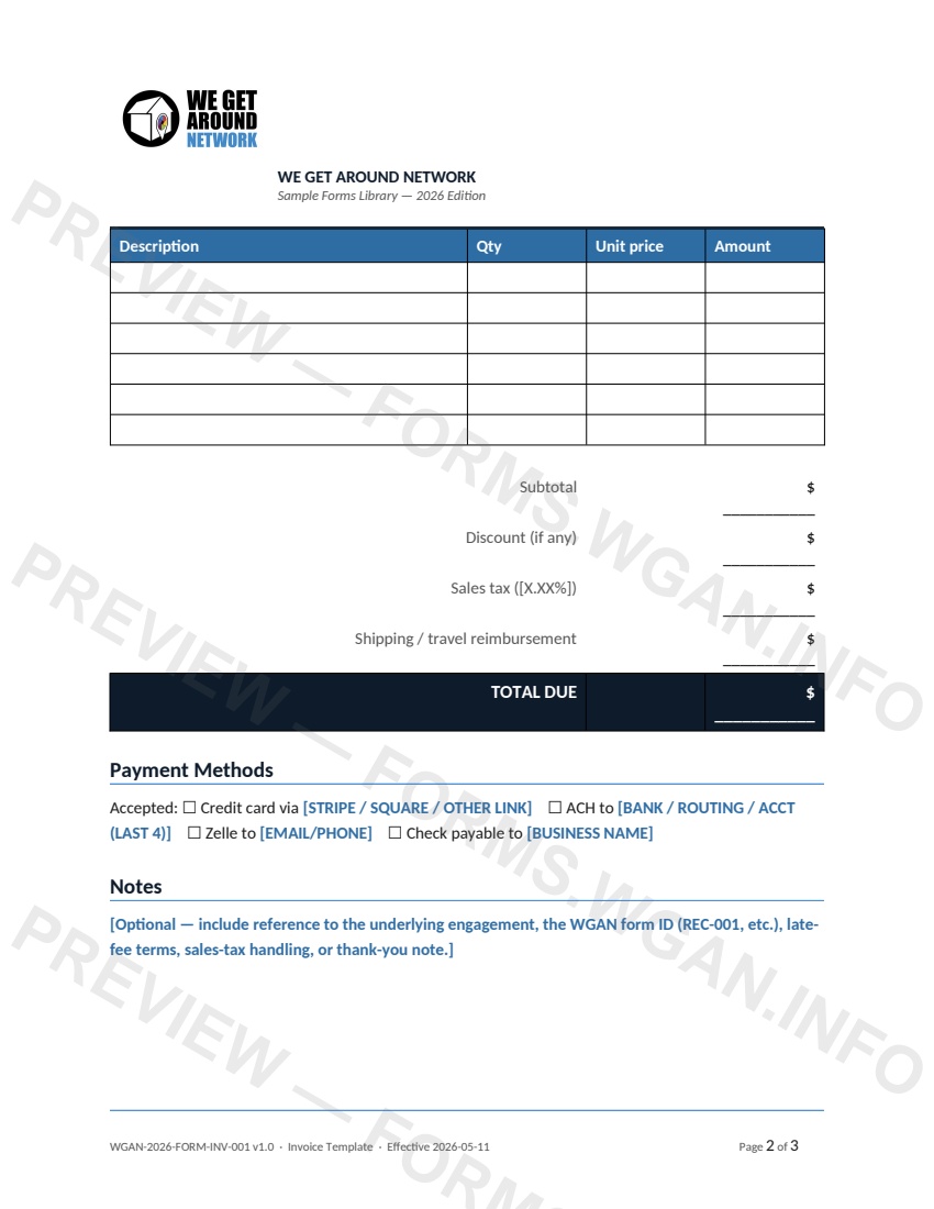 Invoice Template — page 2 preview covering Late Payment, Thank You