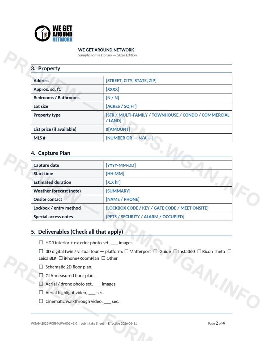 Job Intake Sheet — page 2 preview covering 6. Fee Summary, 7. Required Releases, 8. Pre-Shoot Communication