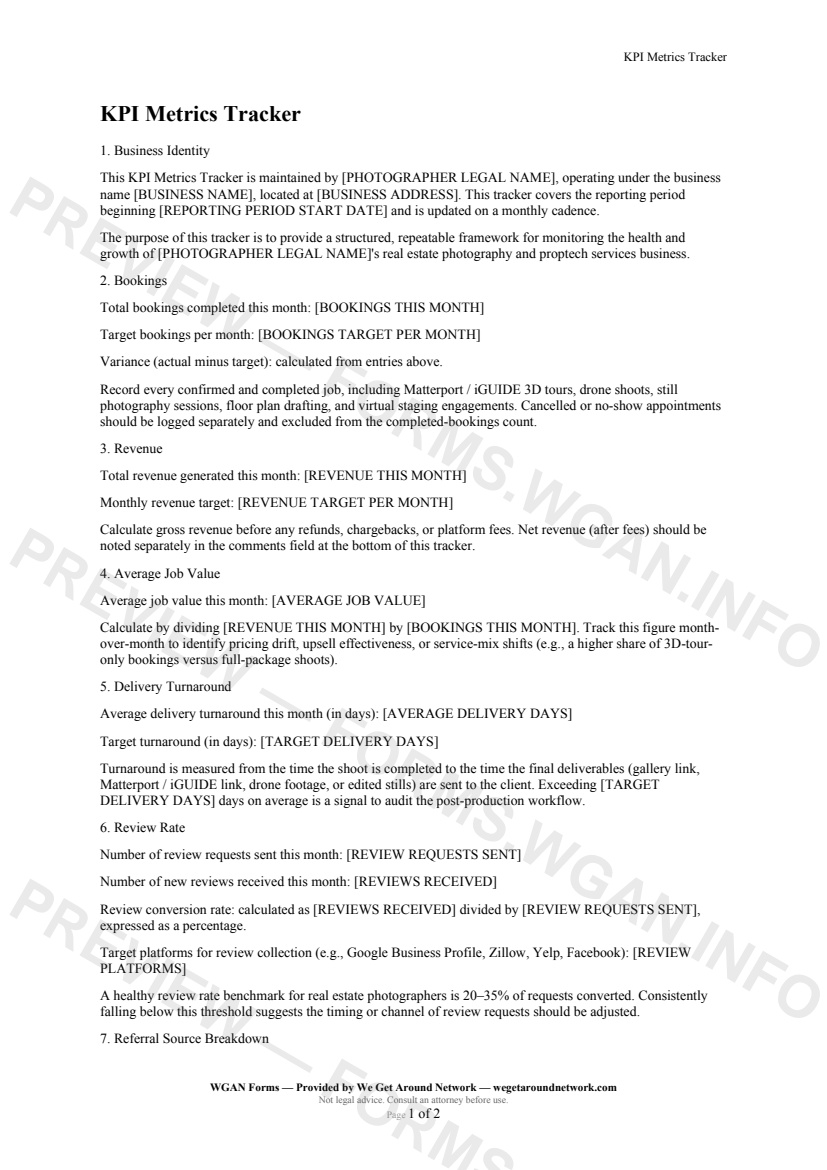KPI Metrics Tracker — page 1 preview covering Business Identity, Bookings, Revenue
