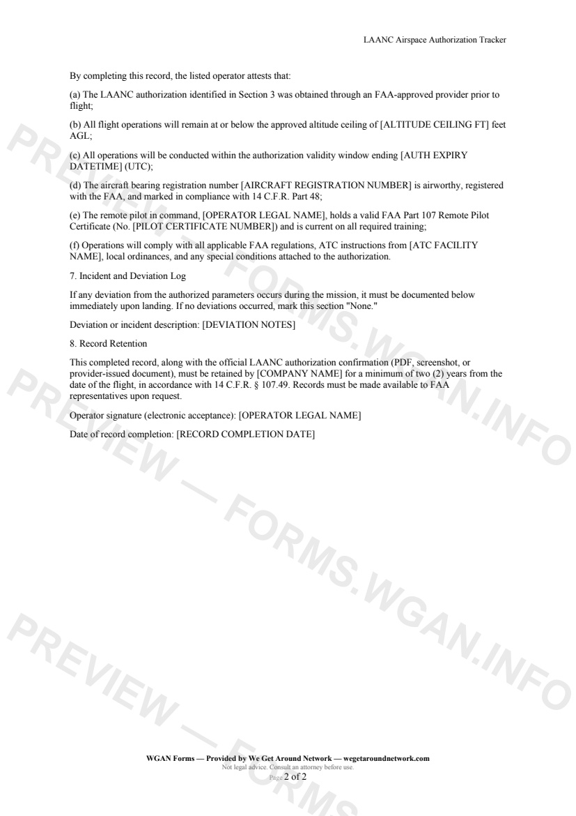 LAANC Airspace Authorization Tracker — page 2 preview covering Flight Window and Operational Parameters, Conditions and Compliance Attestation, Incident and Deviation Log