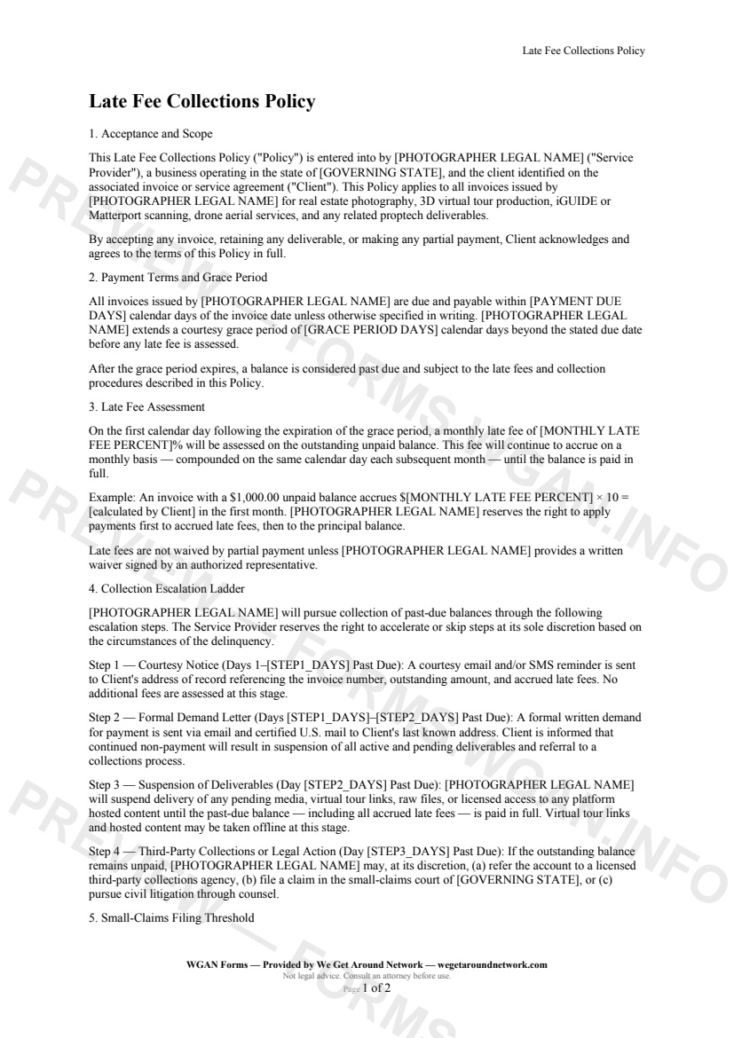 Late Fee Collections Policy — page 1 preview covering Acceptance and Scope, Payment Terms and Grace Period, Late Fee Assessment