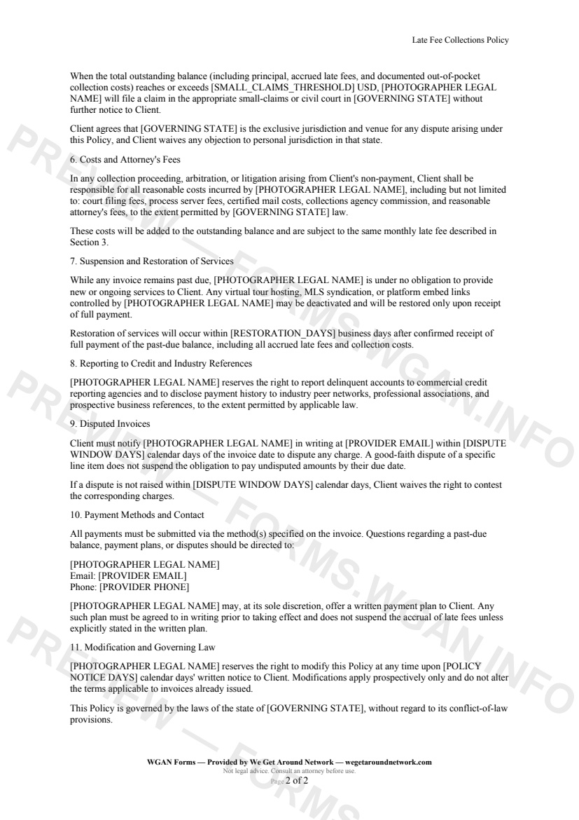 Late Fee Collections Policy — page 2 preview covering Suspension and Restoration of Services, Reporting to Credit and Industry References, Disputed Invoices