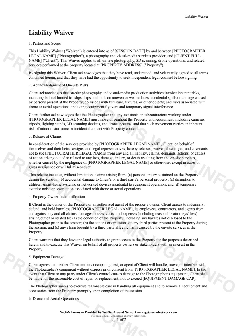 Liability Waiver — page 1 preview covering Parties and Scope, Acknowledgment of On-Site Risks, Release of Claims