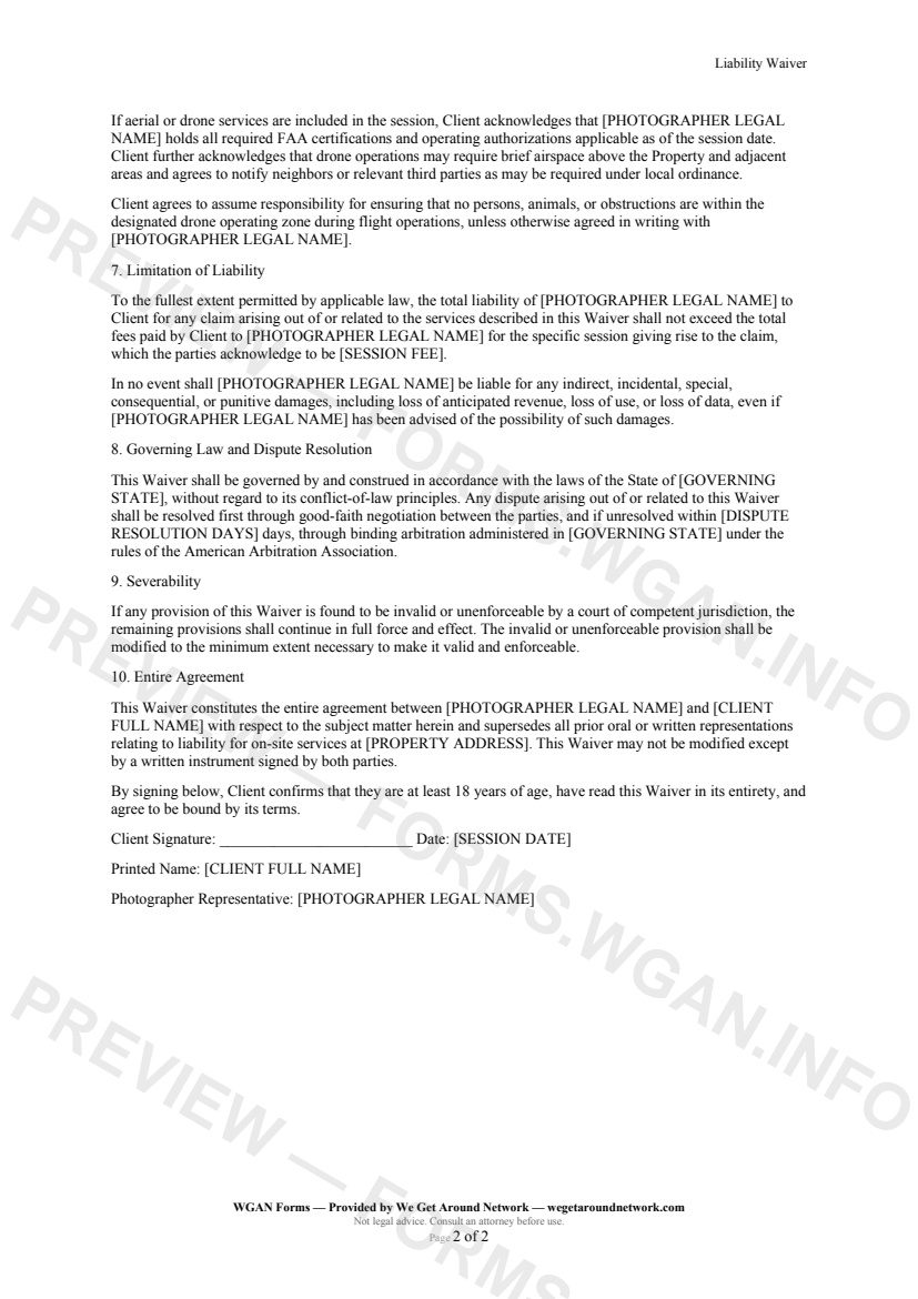 Liability Waiver — page 2 preview covering Drone and Aerial Operations, Limitation of Liability, Governing Law and Dispute Resolution