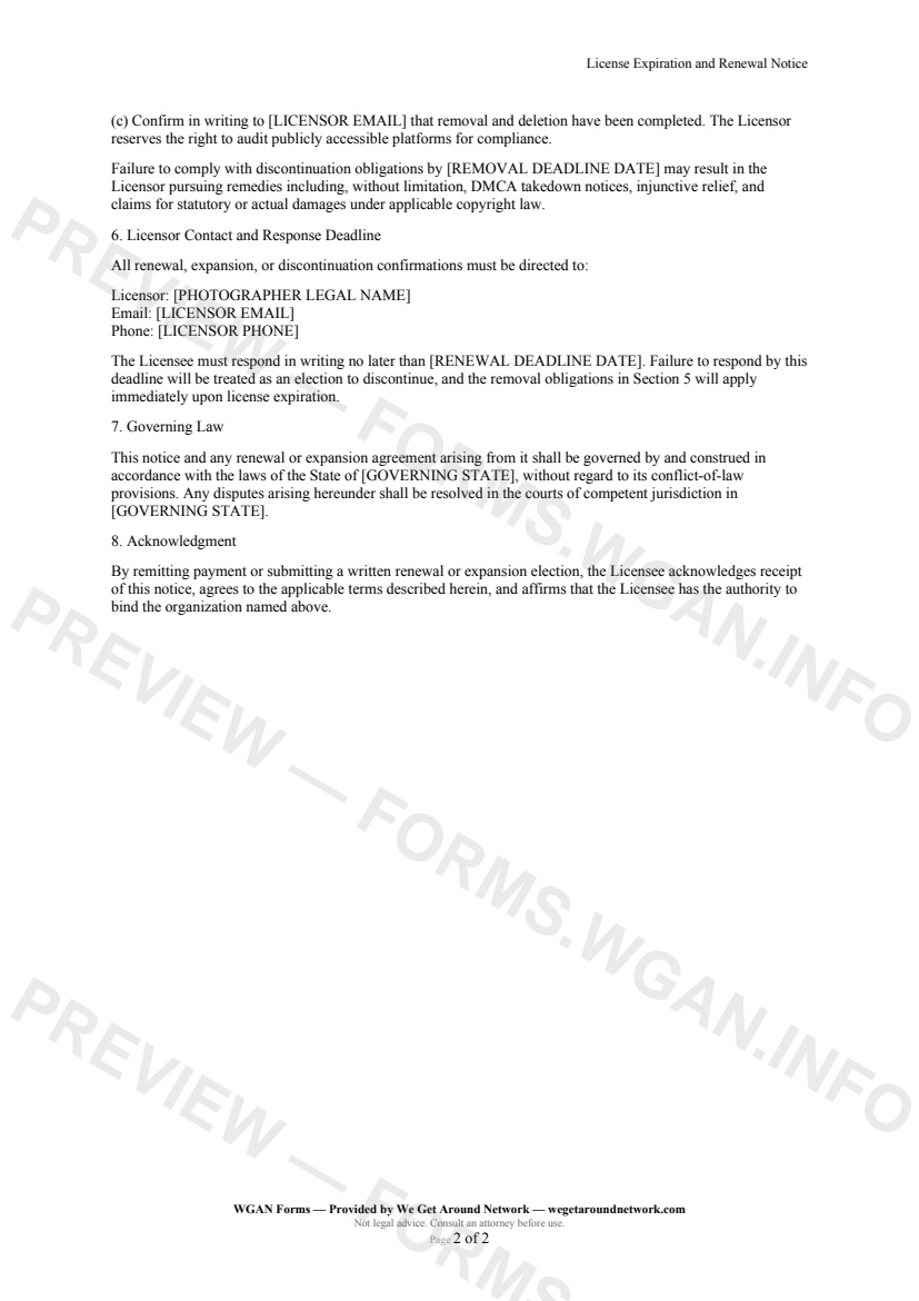 License Expiration and Renewal Notice — page 2 preview covering Discontinuation and Removal Obligations, Licensor Contact and Response Deadline, Governing Law