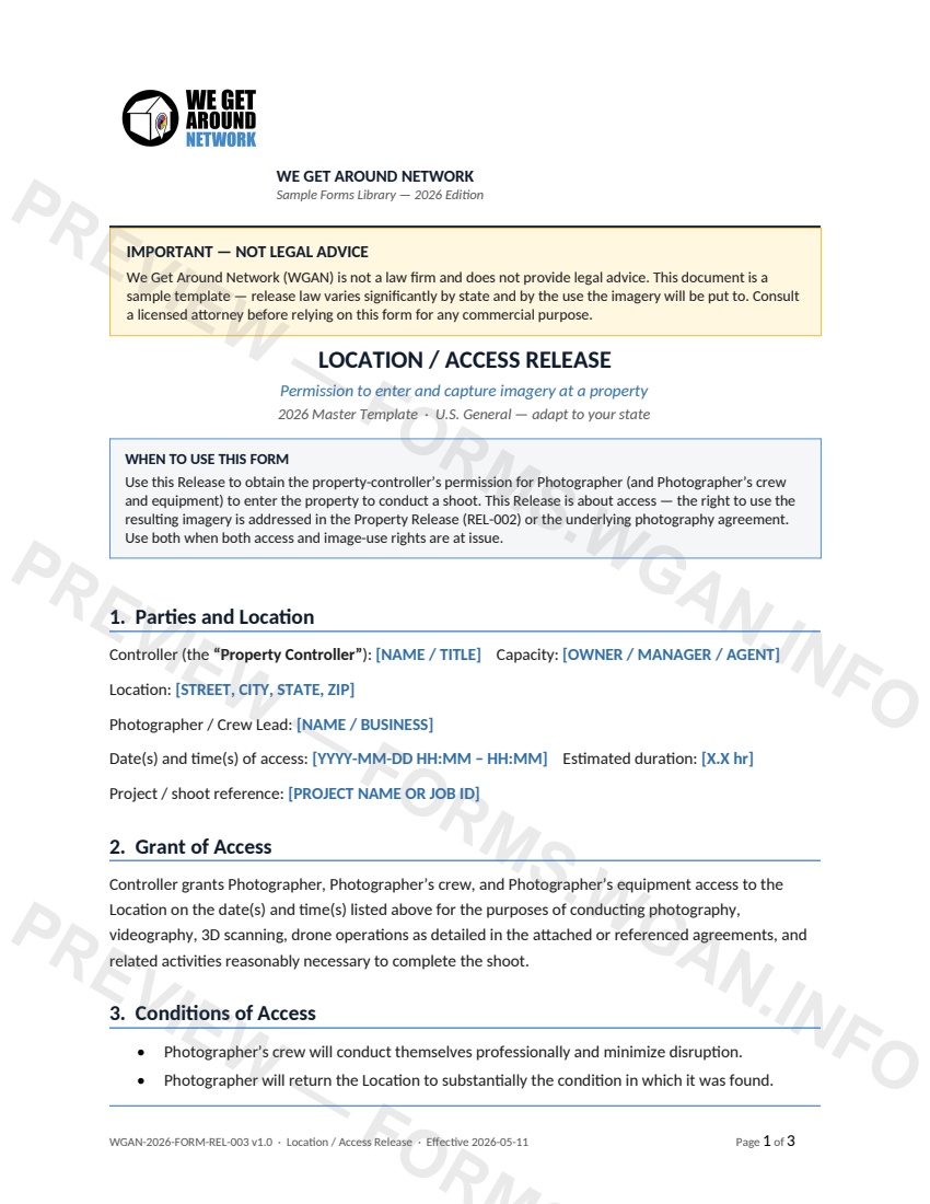 Location Access Release — page 1 preview covering 1. Parties and Location, 2. Grant of Access, 3. Conditions of Access