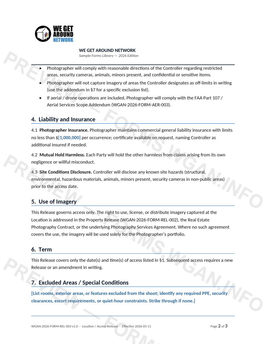 Location Access Release — page 2 preview covering 5. Use of Imagery, 6. Term, 7. Excluded Areas / Special Conditions