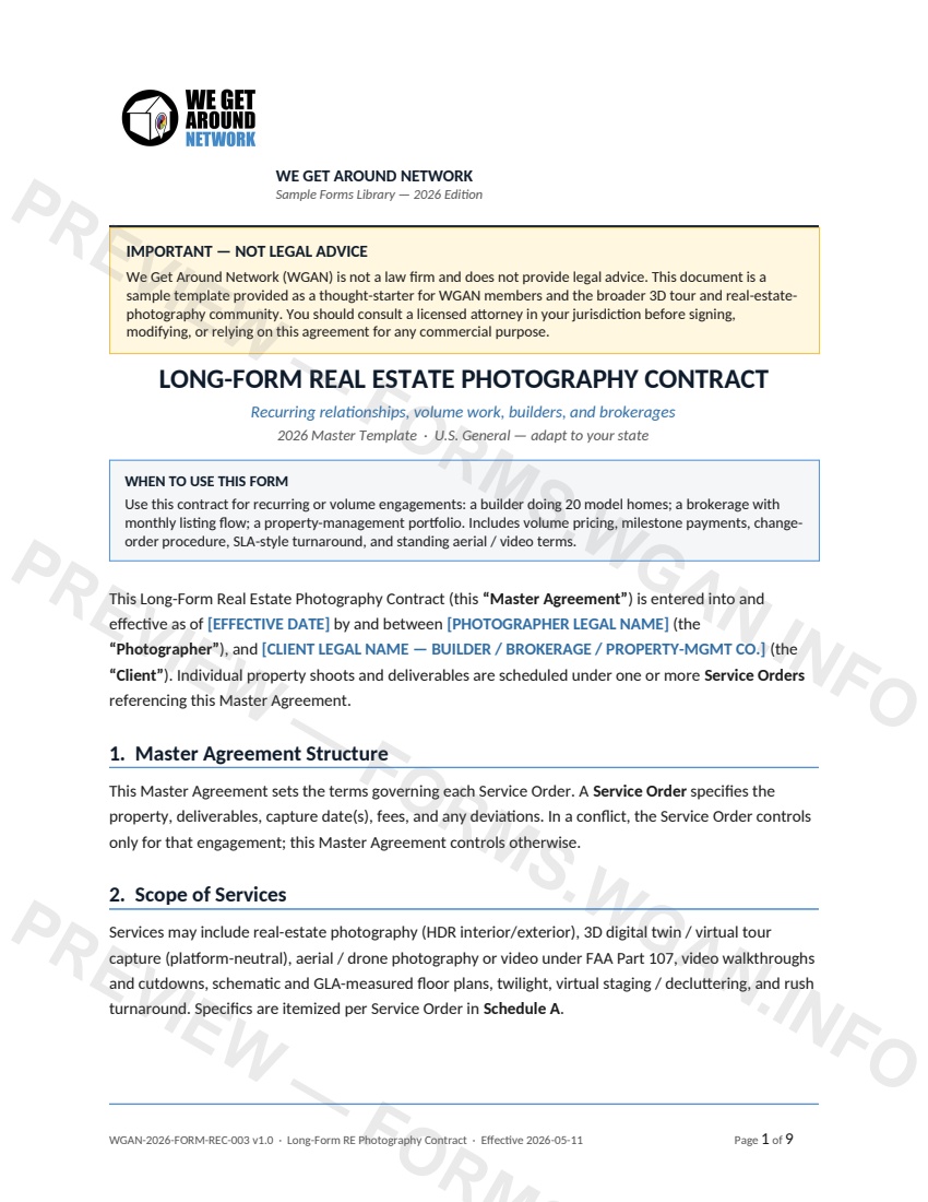 Long-Form Real Estate Photography Contract — page 1 preview covering 1. Master Agreement Structure, 2. Scope of Services, 3. Volume Pricing and Service Levels
