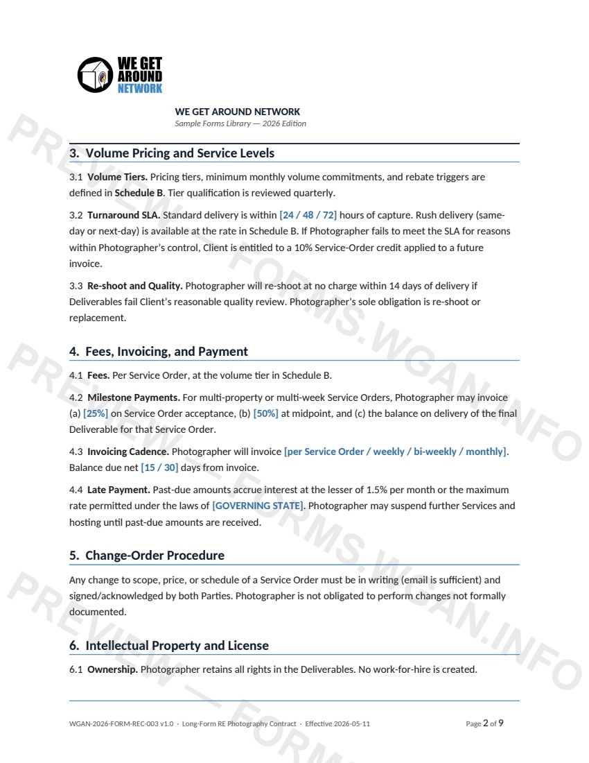 Long-Form Real Estate Photography Contract — page 2 preview covering Artificial Intelligence — Training Data and Authenticity, 7. Aerial / Drone Standing Terms, 8. Privacy and Disclosures