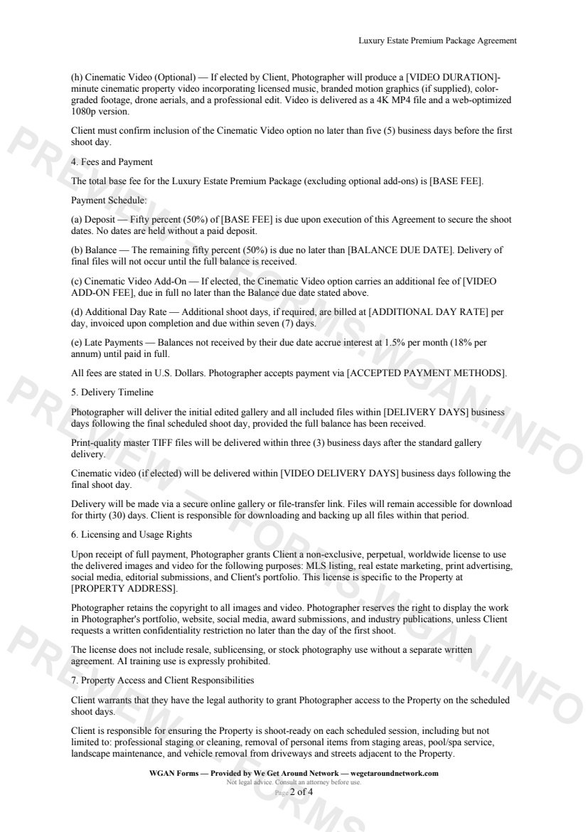 Luxury Estate Premium Package Agreement — page 2 preview covering Drone and Aerial Operations, Rescheduling and Cancellation, Liability and Indemnification