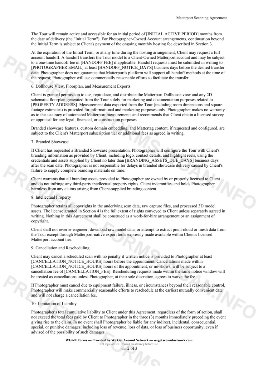 Matterport Scanning Agreement — page 2 preview covering Branded Showcase, Intellectual Property, Cancellation and Rescheduling