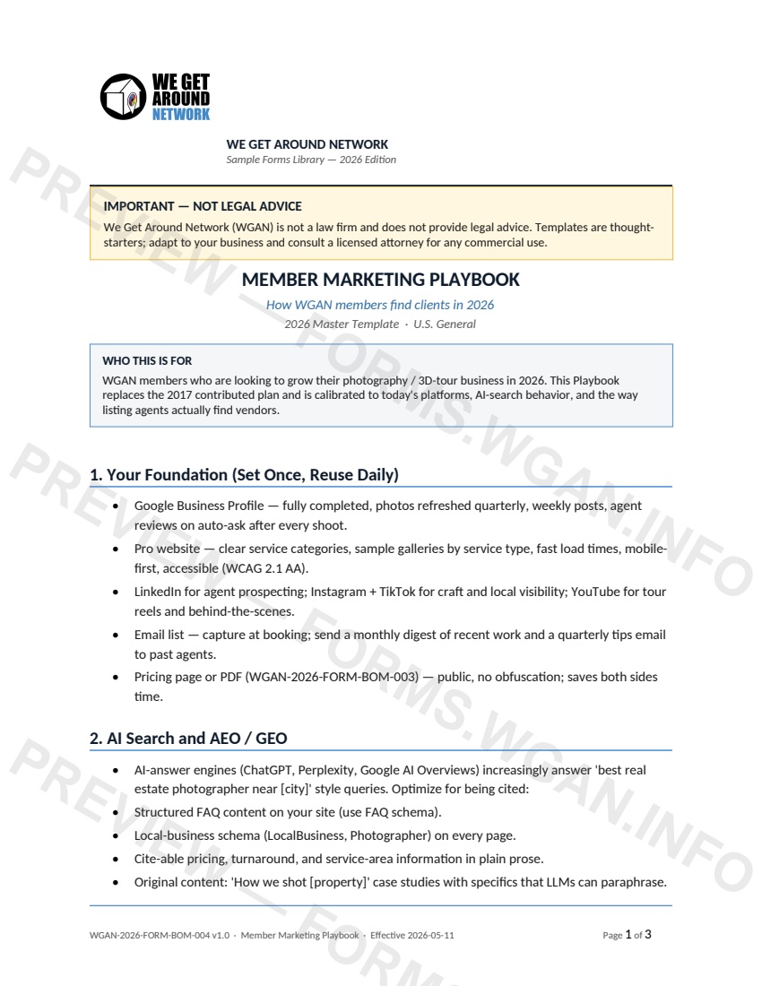 Member Marketing Playbook — page 1 preview covering 1. Your Foundation (Set Once, Reuse Daily), 2. AI Search and AEO / GEO, 3. Listing-Agent Prospecting