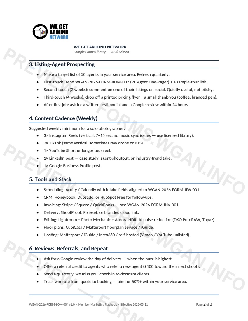 Member Marketing Playbook — page 2 preview covering 5. Tools and Stack, 6. Reviews, Referrals, and Repeat, 7. KPIs to Track Monthly