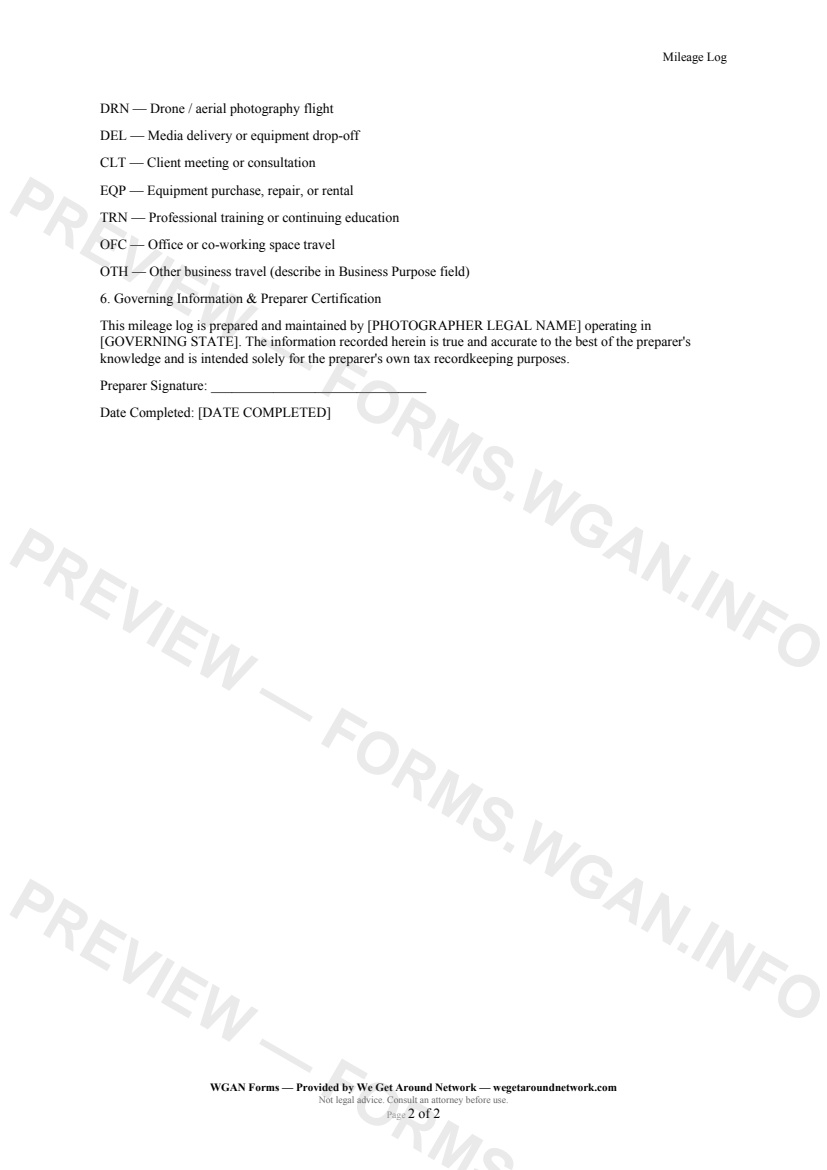 Mileage Log — page 2 preview covering Individual Trip Log Entries, Business Purpose Codes (Reference), Governing Information & Preparer Certification