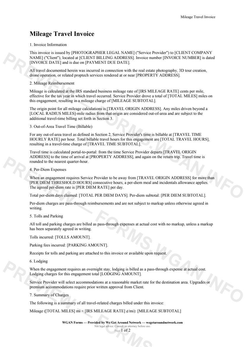Mileage Travel Invoice — page 1 preview covering Invoice Information, Mileage Reimbursement, Out-of-Area Travel Time (Billable)
