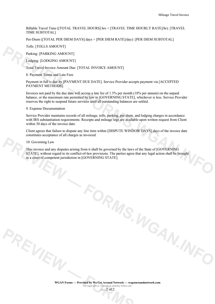Mileage Travel Invoice — page 2 preview covering Lodging, Summary of Charges, Payment Terms and Late Fees
