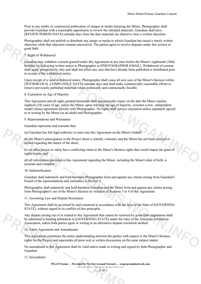 Minor Model Release Guardian Consent — page 2 preview covering Expiration on Age of Majority, Representations and Warranties, Indemnification